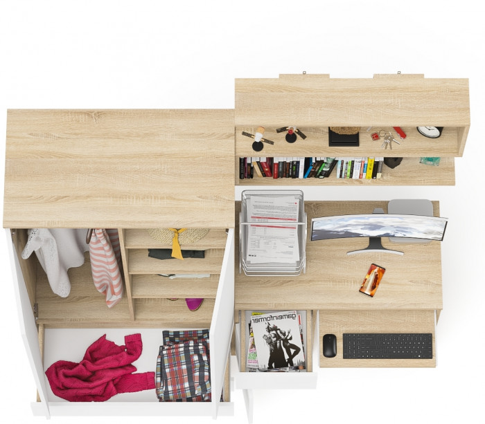 Мори Стол компьютерный МС-1 левый + Шкаф МШ900.1 + Полка 900, цвет дуб сонома/белый, ШхГхВ 180,4х50,4х209,6 см., НЕ универсальная сборка