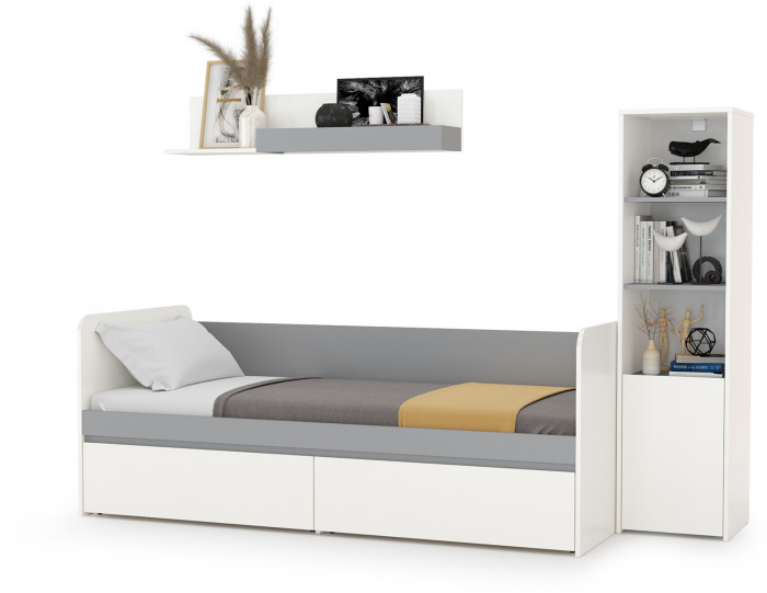 Торонто Компоновка № 23, цвет белый шагрень/стальной серый, ШхГхВ 234х84,4х149,7 см., сп. м. 800х1900 мм., б/м, основание есть, универсальная сборка