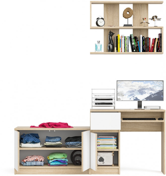 Мори компьютерный стол МС-1 левый + Тумба МА900.1 + Полка 900, дуб сонома/белый