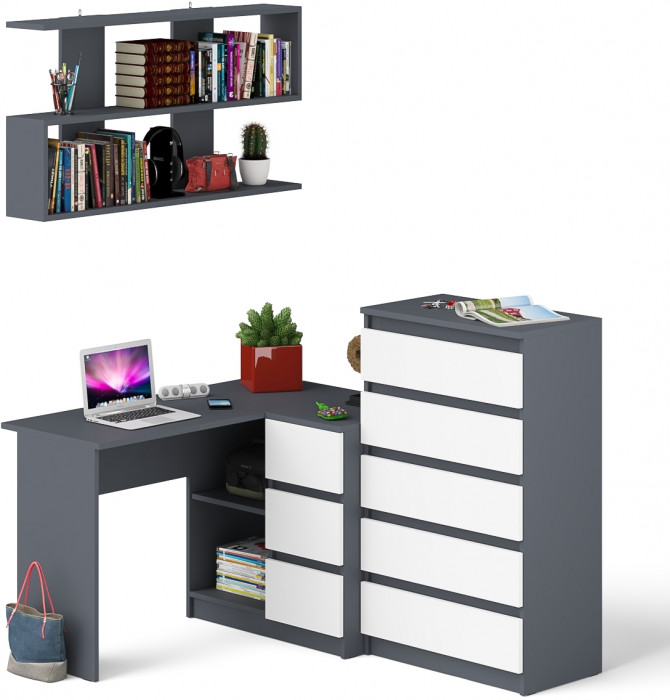Мори компьютерный стол МС-16 правый + Комод МК700.5 + Полка 1200, графит/белый