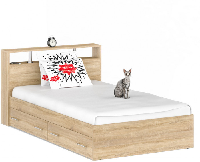 Камелия спальня № 13 Кровать с ящиками 1200 + Две тумбы + Стол косметич. + Зеркало, цвет дуб сонома, сп.м. 1200х2000 мм., б/м, основание есть