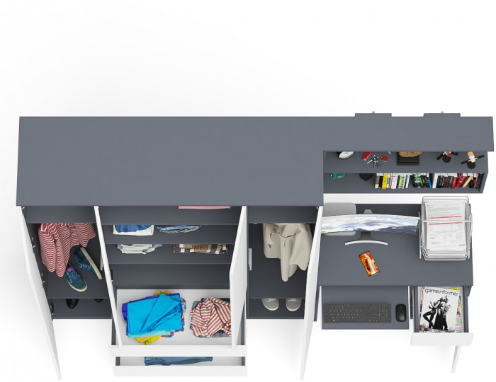 Мори Стол компьютерный МС-1 правый + Шкаф МШ1600.1 + Полка 900, цвет графит/белый, ШхГхВ 250,4х50,4х209,6 см., НЕ универсальная сборка