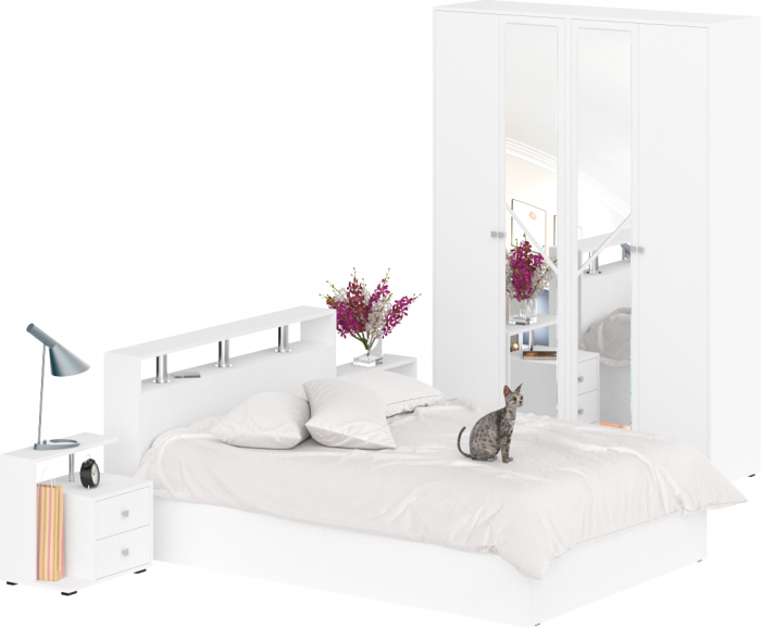 Камелия спальня № 1 Кровать 1400 + Две тумбы + Шкаф 4-х створчатый, цвет белый, сп.м. 1400х2000 мм., б/м, основание есть