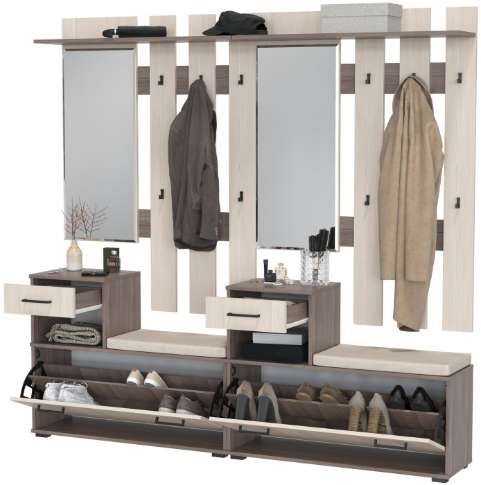 Лира ГК Прихожая 2 Два х Тумба под обувь + Два х Вешалка с зеркалом, цвет бодега тёмный/бодега светлый, ШхГхВ 200х33х185 см., универсальная сборка