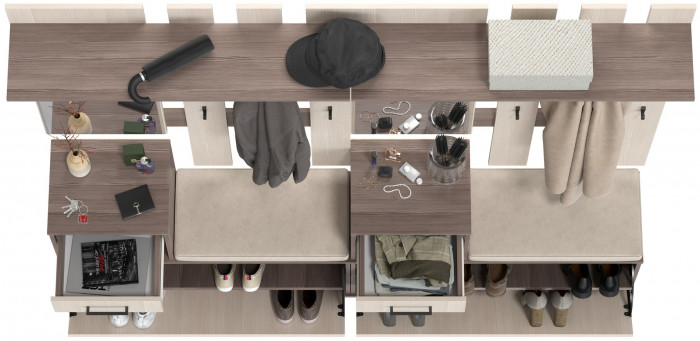 Лира ГК Прихожая 2 Два х Тумба под обувь + Два х Вешалка с зеркалом, цвет бодега тёмный/бодега светлый, ШхГхВ 200х33х185 см., универсальная сборка