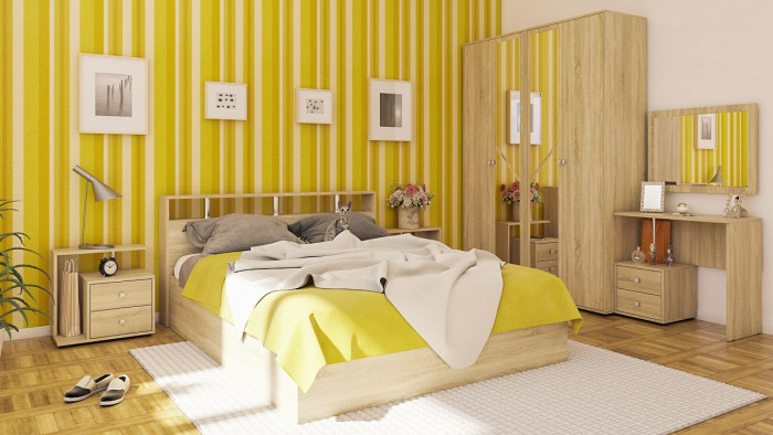 Камелия спальня № 2 Кровать 1600 + Две тумбы + Стол косметич. + Зеркало + Шкаф 4-х, цвет дуб сонома, сп.м. 1600х2000 мм., б/м, осн. есть