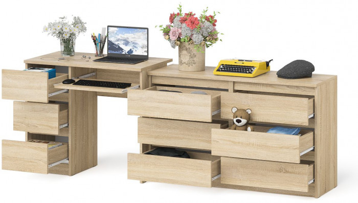 Мори Стол компьютерный МС-6 левый + Комод МК1200.6, цвет дуб сонома, ШхГхВ 210,4х50х76,6 см., выдвижные ящики слева, НЕ универсальная сборка