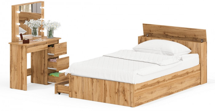 Ксения Кровать с ящиками 1200 + Стол косметический с подсветкой Сура, дуб вотан