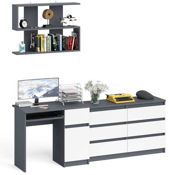 Мори компьютерный стол МС-1 правый + Комод МК1200.6 + Полка 900, графит/белый