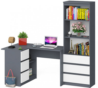 Мори компьютерный стол МС-16 левый + Стеллаж МСТ600.3, графит/белый