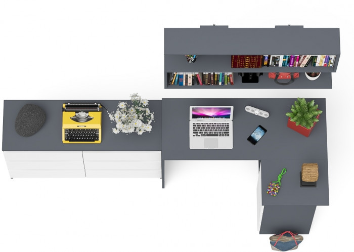 Мори компьютерный стол МС-16 правый + Комод МК1200.6 + Полка 1200, графит/белый