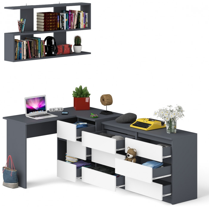 Мори компьютерный стол МС-16 правый + Комод МК1200.6 + Полка 1200, графит/белый