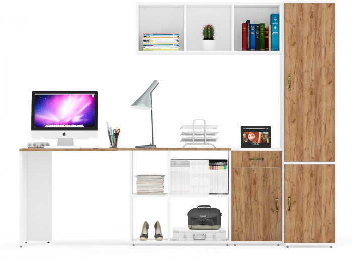 Лидер-8 Стол + Полка + Тумба МД 3.15 + Пенал МД 23Б, цвет белый шагрень/крафт золото, ШхГхВ 245х50/37,5х75/190 или 115х160/50х75/190 см., НЕ ун. сб.