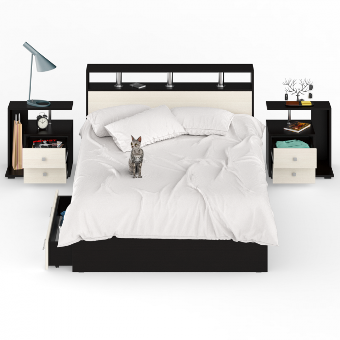 Камелия Кровать с ящиками 1400 + две тумбы, венге/дуб лоредо