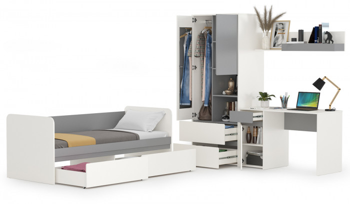 Торонто Компоновка № 25, цвет белый шагрень/стальной серый, сп. м. 800х1900 мм., б/м, основание есть, универсальная сборка