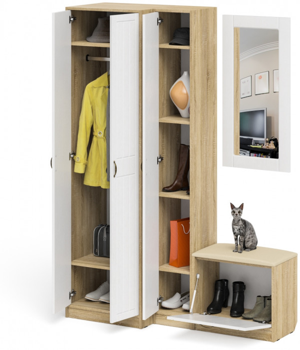 Прихожая П-6 Компоновка № 26, цвет дуб сонома/фасады МДФ белое дерево фрезеровка прованс, ШхГхВ 150х50х210 см., универсальная сборка