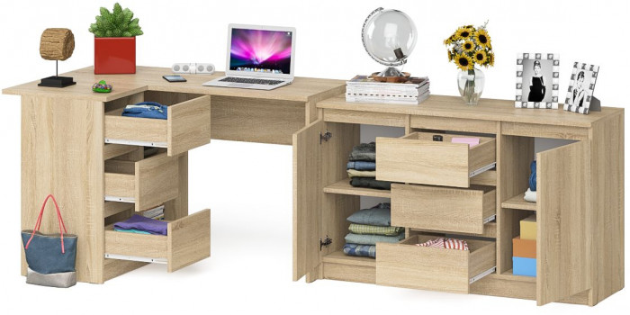 Мори компьютерный стол МС-16 левый + Комод МК1200.3, дуб сонома