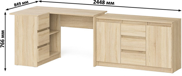Мори компьютерный стол МС-16 левый + Комод МК1200.3, дуб сонома