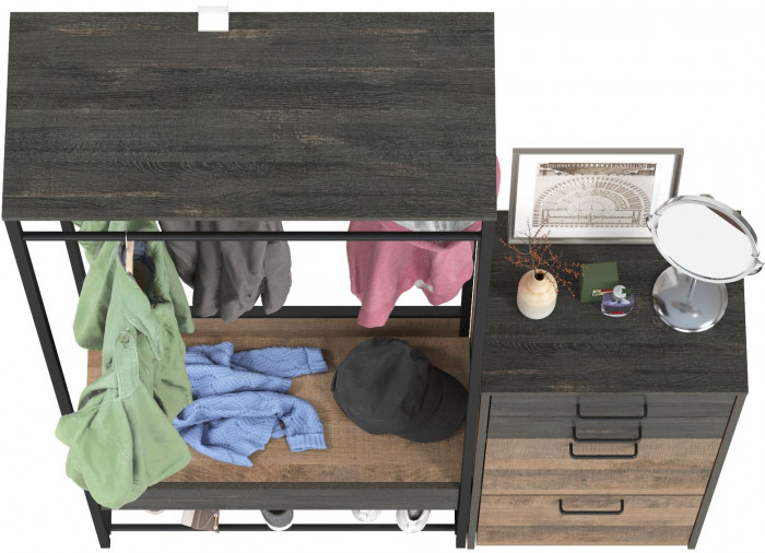 Трувор 15.120 Прихожая + 13.241.06 Тумба для обуви, цвет дуб гранж песочный/интра, ШхГхВ 130х37х194,2 см., универсальная сборка