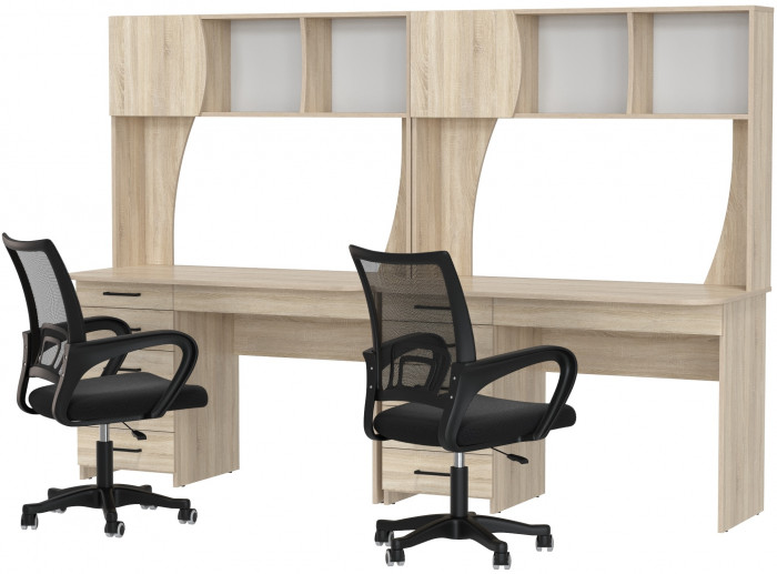 Два стола рабочих 6-0606 Сигма + два кресла 103 чёрных, цвет дуб сонома, ШхГхВ 241х60,5х166 см., НЕ универсальная сборка