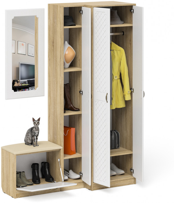 Прихожая П-6 Компоновка № 26, цвет дуб сонома/фасады МДФ белое дерево фрезеровка ромб, ШхГхВ 150х50х210 см., универсальная сборка