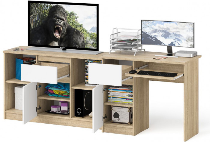 Мори компьютерный стол МС-1 левый + Тумба МТВ1204.1, дуб сонома/белый