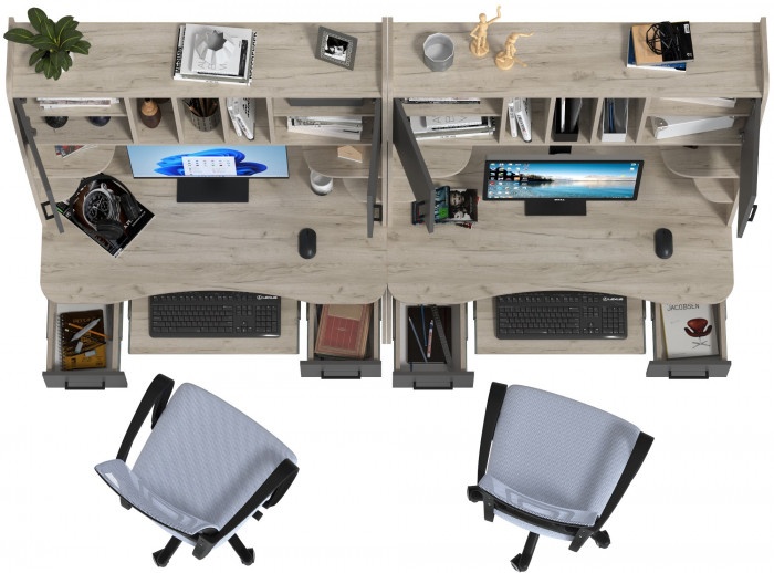 Два стола рабочих 6-0604 Бета + два кресла 103 серых, цвет дуб крафт серый/графит, ШхГхВ 240х60,5х183,5 см.