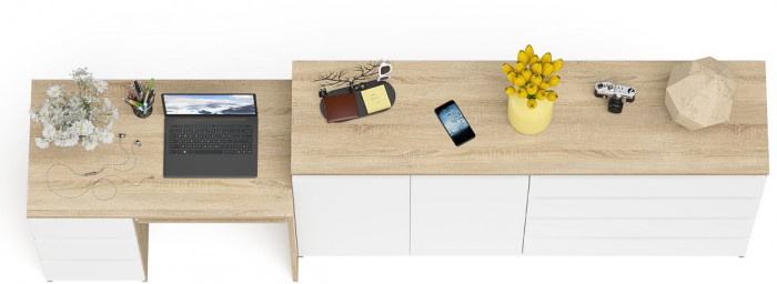 Мори компьютерный стол МС-6 левый + Комод МК1600.1, дуб сонома/белый