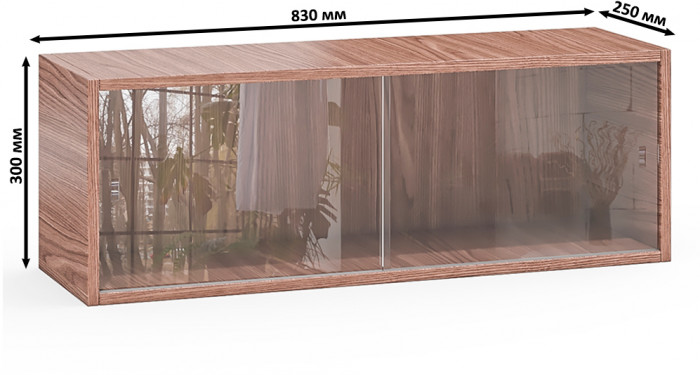 Полка книжная С-МД-КН01, цвет ясень шимо тёмный, ШхГхВ 83х25х30 см., стеклянные дверцы