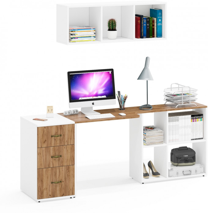 Лидер-8 Стол + Полка + Тумба МД 3.16, белый шагрень/крафт золото