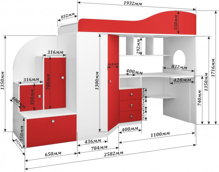 Кровать-чердак Кадет 1 (Белое дерево/Ирис)