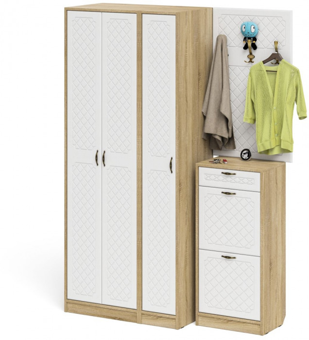 Прихожая П-6 Компоновка № 50, цвет дуб сонома/фасады МДФ белое дерево фрезеровка ромб, ШхГхВ 150х50х210 см., универсальная сборка