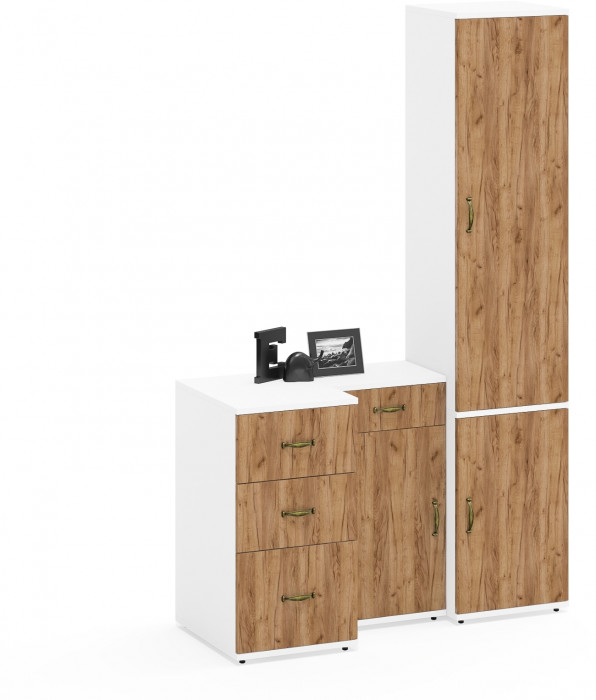 Лидер-8 Пенал МД 22Б + Тумба МД 3.15 + Тумба МД 3.16, цвет белый шагрень/крафт золото, ШхГхВ 120х50х190 см., универсальная сборка