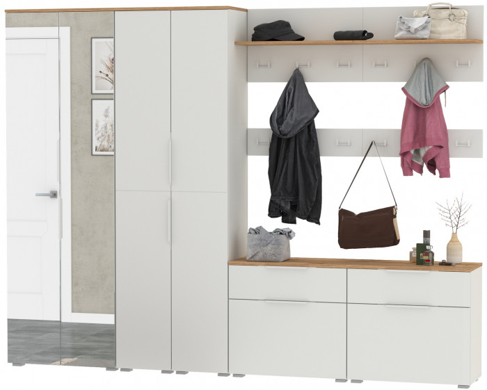 Октава Прихожая 37, цвет белый шагрень/дуб крафт золотой/фасады МДФ белый шагрень, ШхГхВ 258,6х35,4х197,6 см., универсальная сборка