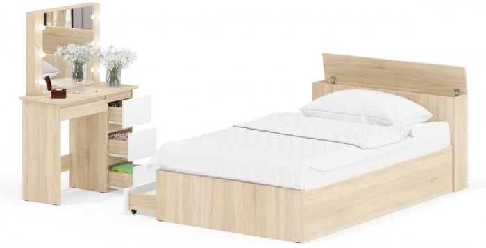 Ксения Кровать с ящиками 1200 + Стол косметический с подсветкой Сура, дуб сонома/белый