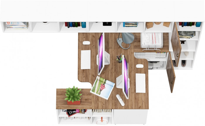 Лидер-8 Стол + Полка + Стол + Полка + Пенал, белый шагрень/крафт золото