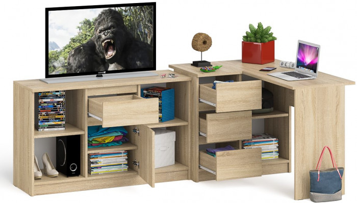 Мори Стол компьютерный МС-16 левый + Тумба МТВ1204.1, цвет дуб сонома, ШхГхВ 244,8х84,9х76,6 см., выдвижные ящики слева, НЕ универсальная сборка