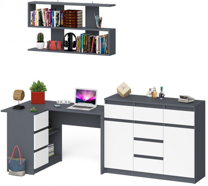 Мори компьютерный стол МС-16 левый + Комод МК1200.4 + Полка 1200, графит/белый