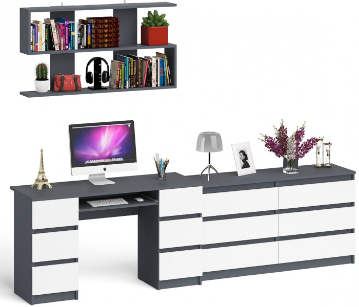 Мори компьютерный стол МС-2 + Комод МК1380.6 + Полка 1200, графит/белый