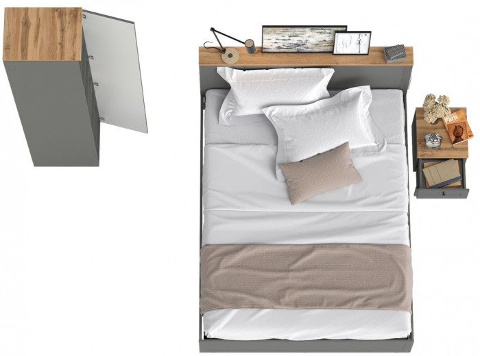 Остин 11.53 Кровать + ортопед + 13.225 Шкаф-пенал + 16.152 Тумба прикроватная, серый графит/дуб крафт золотой