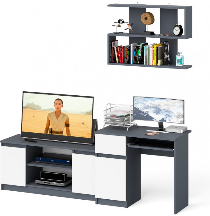 Мори компьютерный стол МС-1 левый + Тумба МТВ1200.1 + Полка 900, графит/белый