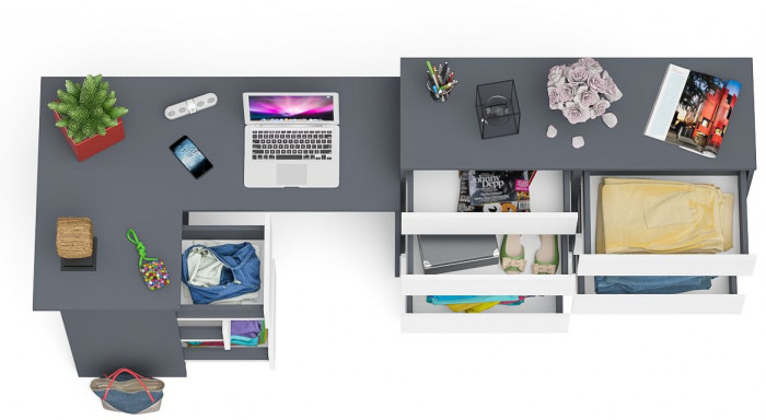 Мори компьютерный стол МС-16 левый + Комод МК1200.8, графит/белый