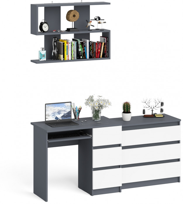Мори компьютерный стол МС-6 правый + Комод МК800.1 + Полка 900, графит/белый