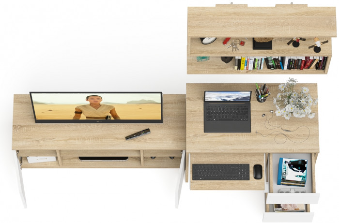 Мори Стол компьютерный МС-6 правый + Тумба МТВ1200.1 + Полка 900, цвет дуб сонома/белый, ШхГхВ 210,4х50х209,6 см., НЕ универсальная сборка