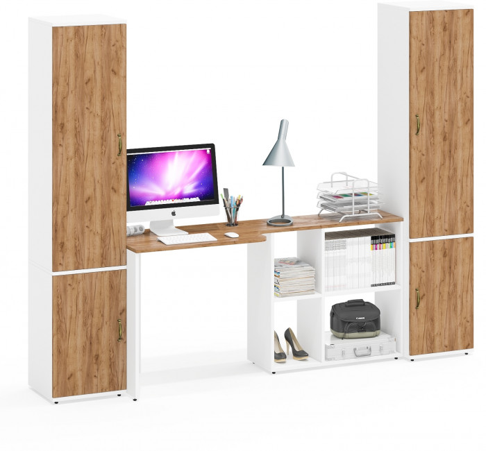 Лидер-8 Пенал МД 22Б + Стол + Пенал 21Б, белый шагрень/крафт золото