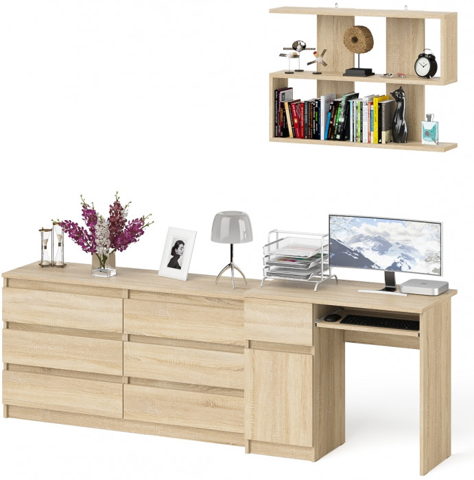 Мори компьютерный стол МС-1 левый + Комод МК1380.6 + Полка 900, дуб сонома