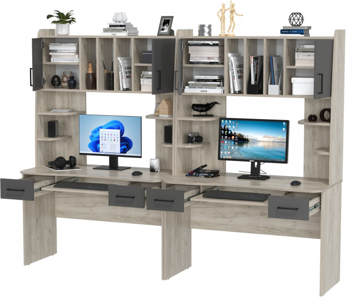 Два стола рабочих 6-0604дкс/граф Бета, цвет дуб крафт серый/графит, ШхГхВ 240х60,5х183,5 см.