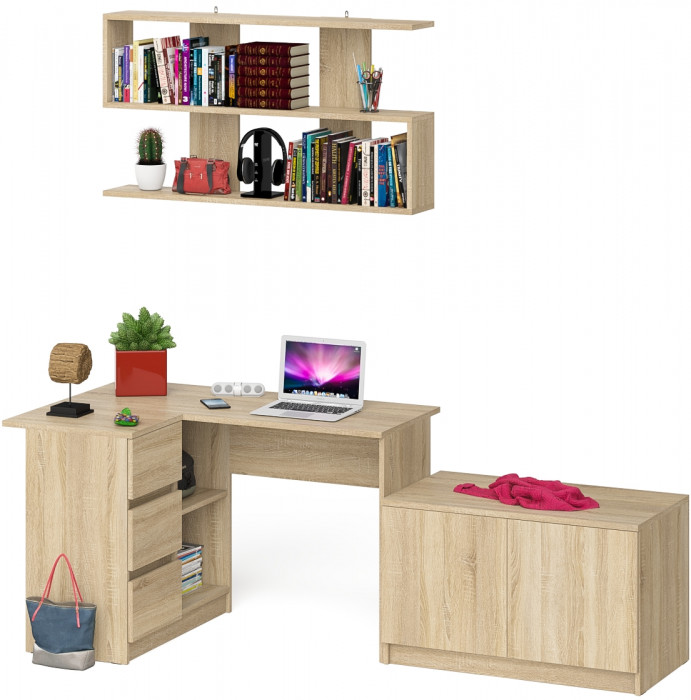 Мори компьютерный стол МС-16 левый + Тумба МА900.1 + Полка 1200, дуб сонома