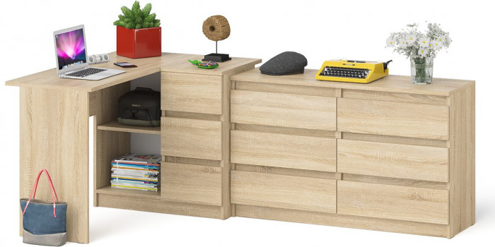Мори компьютерный стол МС-16 правый + Комод МК1200.6, дуб сонома