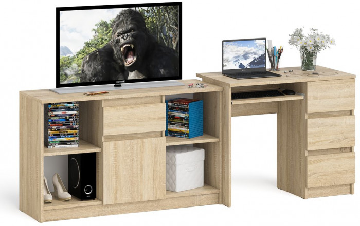 Мори компьютерный стол МС-6 правый + Тумба МТВ1204.1, дуб сонома